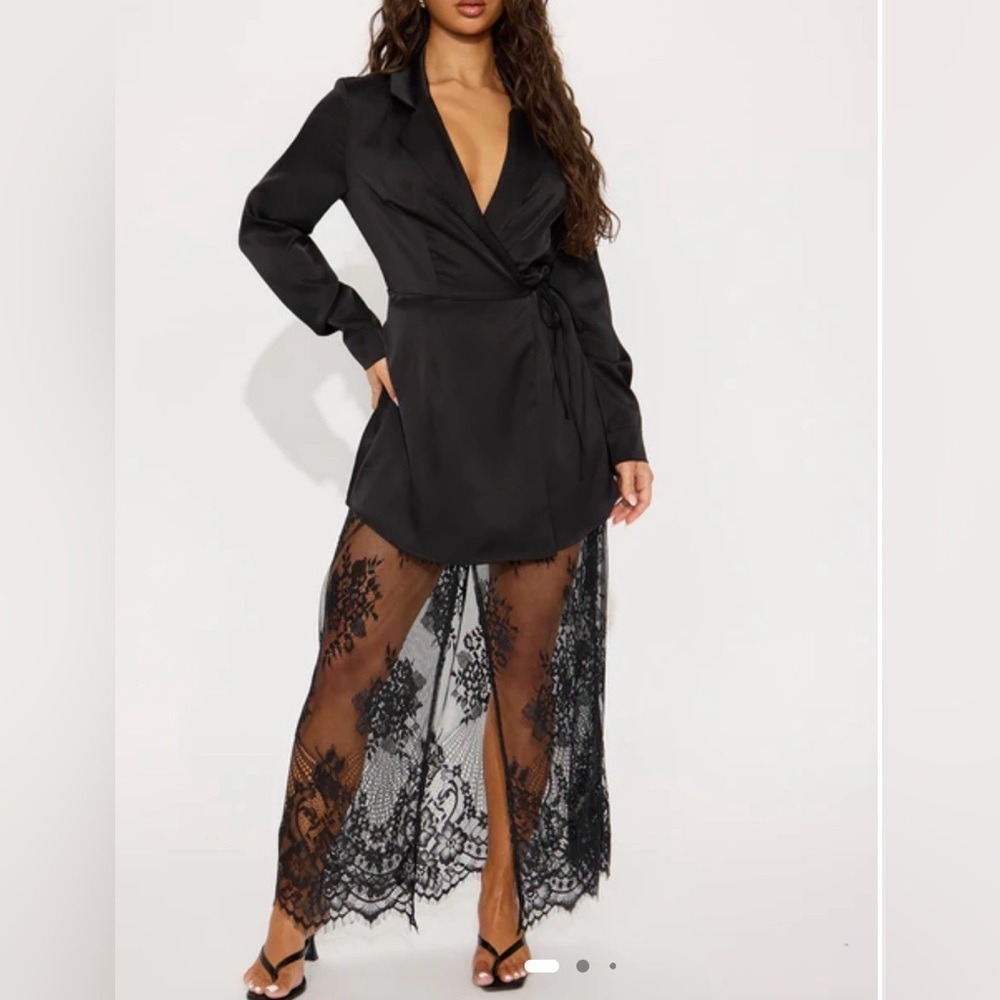 Fashion Nova Black Satin Blazer Wrap Dress Lace Maxi Skirt Overlay Medium